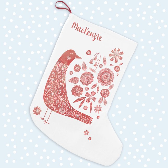 Bird Folk Art Personalised Small Christmas Stocking (Nordic Bird Scandinavian style personalized name Christmas stocking in red and white)
