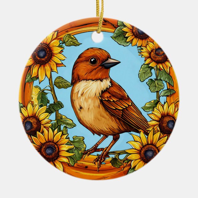 Bird Framed by Vibrant Flowers Ceramic Tree Decoration (Front)