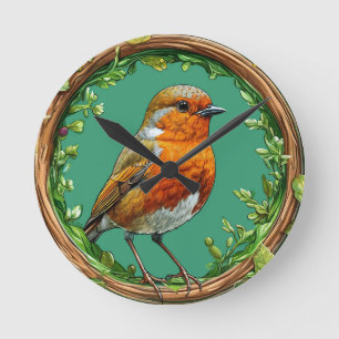 Bird Framed by Vibrant Flowers Round Clock
