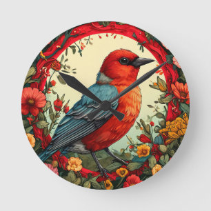 Bird Framed by Vibrant Flowers Round Clock