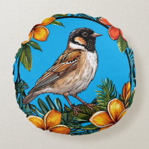 Bird Framed by Vibrant Flowers Round Cushion
