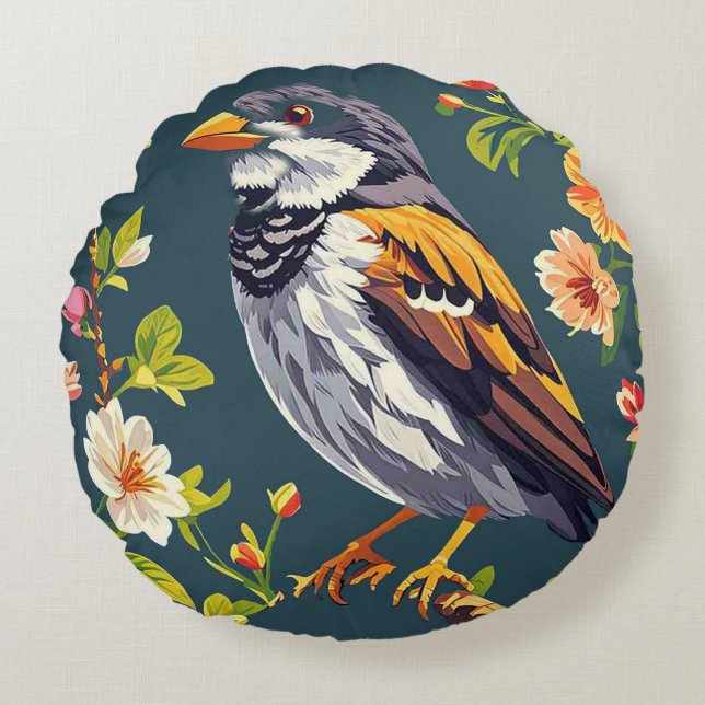 Bird Framed by Vibrant Flowers Round Cushion (Front)