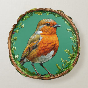 Bird Framed by Vibrant Flowers Round Cushion