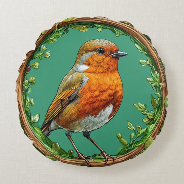 Bird Framed by Vibrant Flowers Round Cushion (Front)