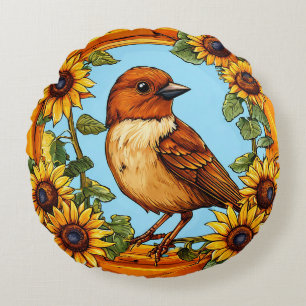 Bird Framed by Vibrant Flowers Round Cushion