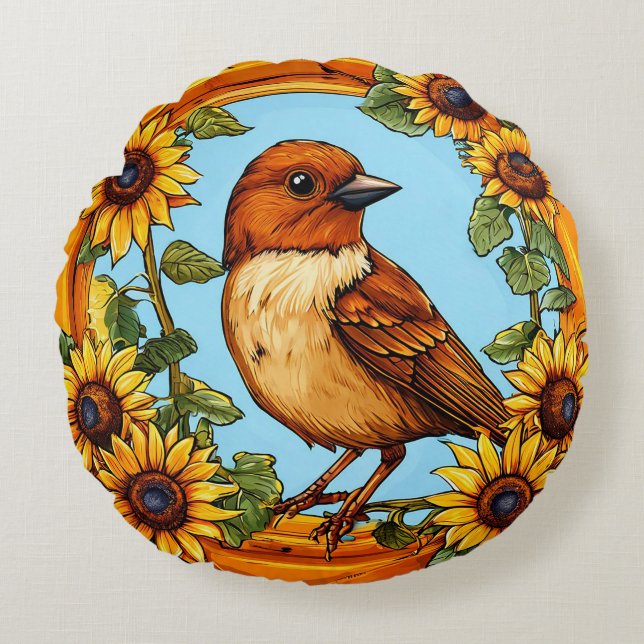 Bird Framed by Vibrant Flowers Round Cushion (Front)
