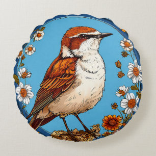 Bird Framed by Vibrant Flowers Round Cushion