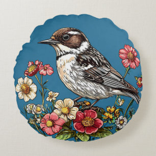 Bird Framed by Vibrant Flowers Round Cushion