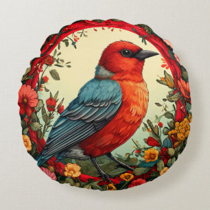 Bird Framed by Vibrant Flowers Round Cushion