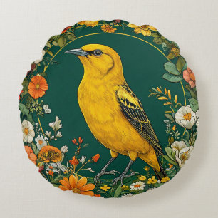 Bird Framed by Vibrant Flowers Round Cushion