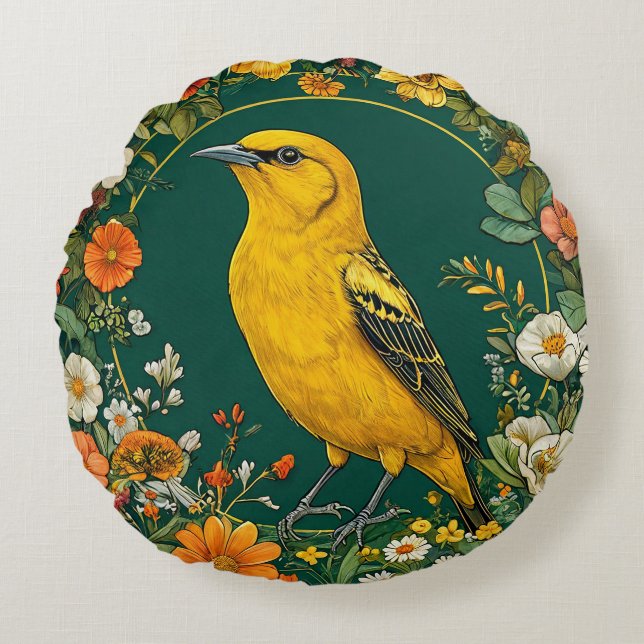 Bird Framed by Vibrant Flowers Round Cushion (Front)