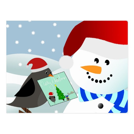 Bird giving christmas card to snowman