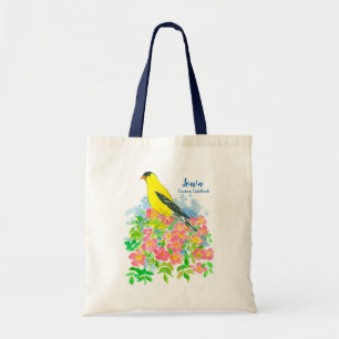 Bird Goldfinch Pink Prairie Rose Wildflowers Tote Bag