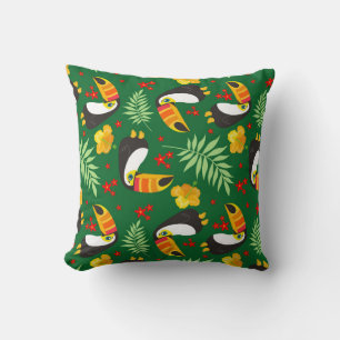 Bird Green Leave Orange Red Flower Tropical Jungle Cushion