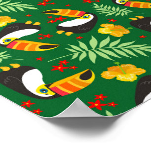 Bird Green Leave Orange Red Flower Tropical Jungle Poster