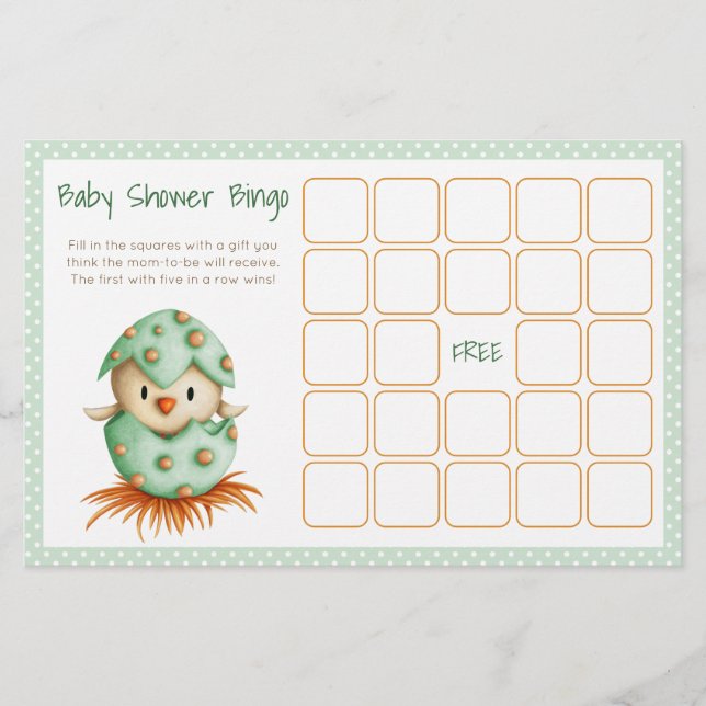 Bird Hatching Green Neutral Baby Shower Bingo Card (Front)
