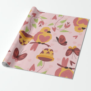 bird heart love butterflies romance valentines wrapping paper