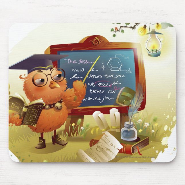 Bird holding a book and teaching at a blackboard mouse mat (Front)