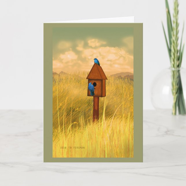 Bird house in country 2 bluebirds painting card (Front)