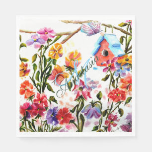 BIRD HOUSE IN WHIMSICAL GARDEN MONOGRAM PARTY NAPKIN