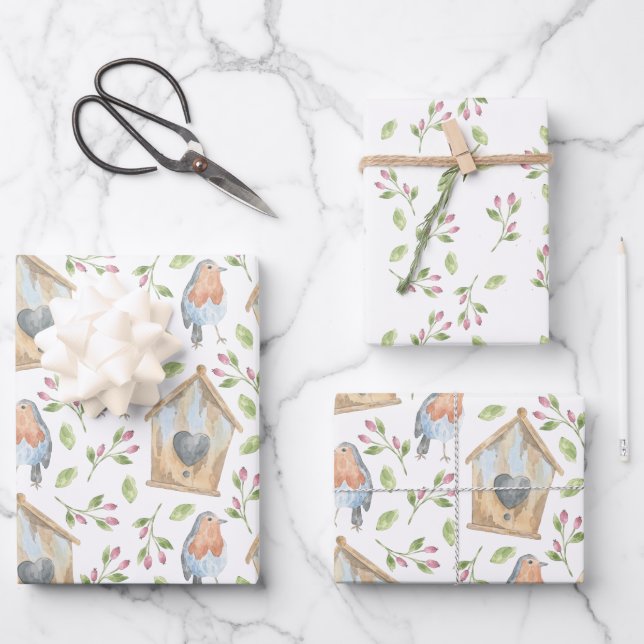 Bird house watercolor spring wrapping paper sheet (Front)