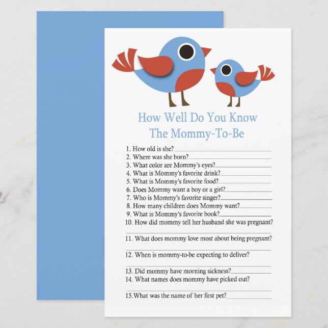 Bird How well do you know baby shower game (Front/Back)