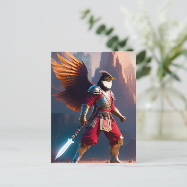 Bird humanoid with warrior gear and sword postcard (Standing Front)
