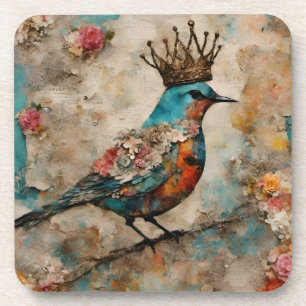 Bird in a Crown Mixed Media Collage Coaster