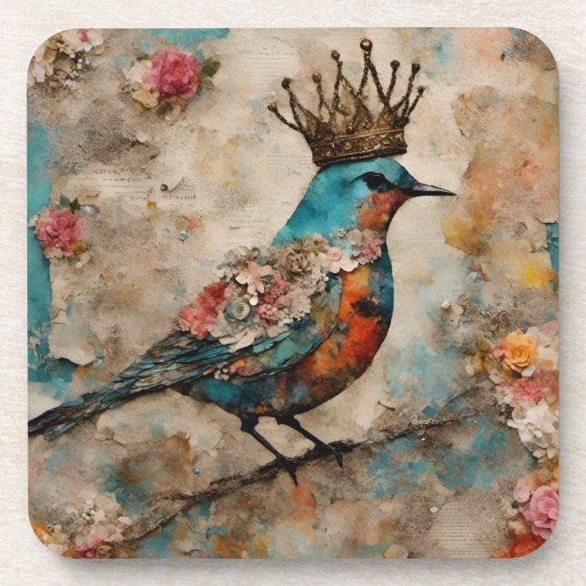 Bird in a Crown Mixed Media Collage Coaster (Front)