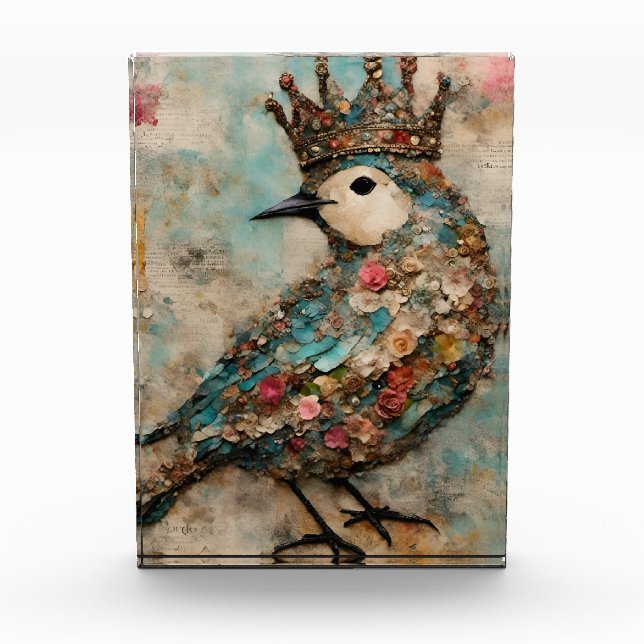 Bird in a Crown Mixed Media Collage Photo Block (Front)