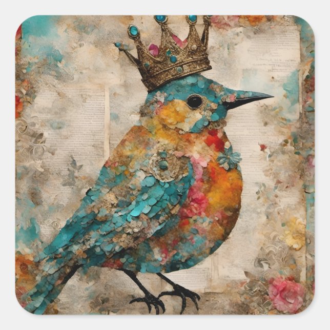 Bird in a Crown Mixed Media Collage Square Sticker (Front)