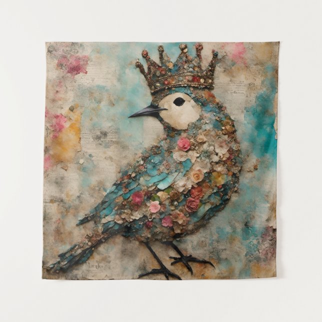 Bird in a Crown Mixed Media Collage Tapestry (Front)