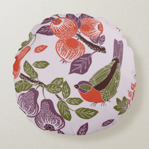 bird in a fruit garden. seamless pattern round cushion