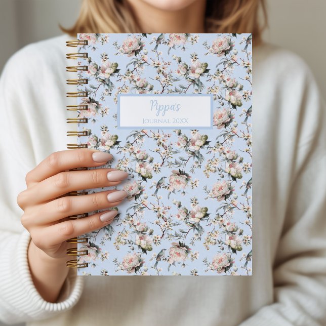 Bird in Blossom Blue Personalised Journal Notebook (Bird in Blossom Blue notebook)