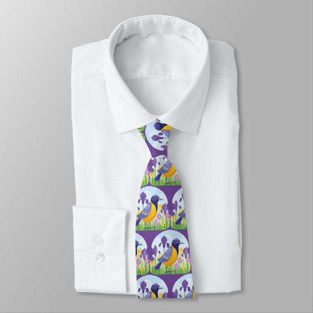 Bird in Field of Iris Flowers Pattern Colourful Tie (Tied)
