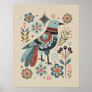 Bird in Forest - Cuckoo in Bloom Folk Art Poster