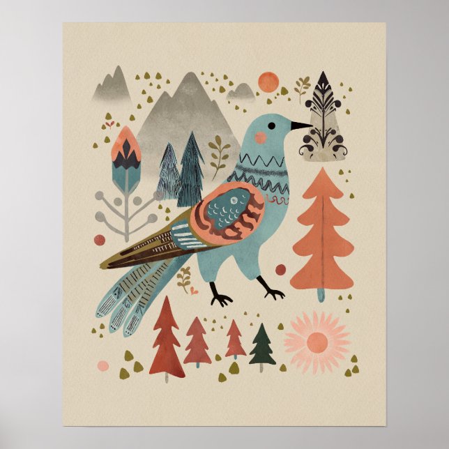 Bird in Forest - Cuckoo in Bloom Folk Art Poster (Front)