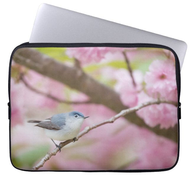 Bird in Pink Blossom Tree Laptop Sleeve (Front)