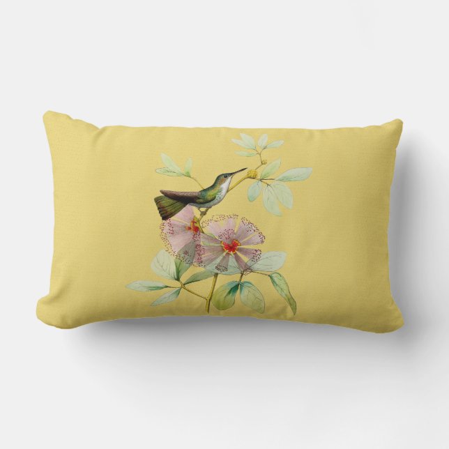 Bird in Powder Puff Tree Botanical Lumbar Pillow (Front)
