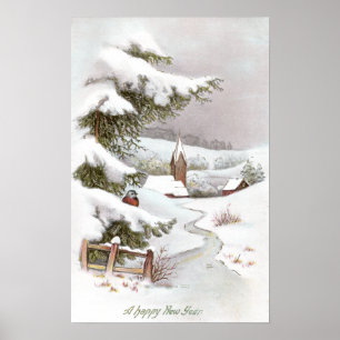 Bird in Snowy Winter Scene for the New Year Poster