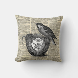 bird in tea cup dictionary print cushion