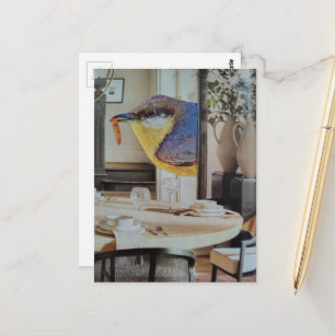 bird in the dining room surreal collage art postcard