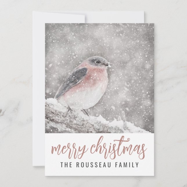 Bird In Winter Snow Merry Christmas Holiday Card (Front)
