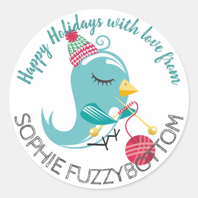 Bird knitting needles yarn Christmas gift sticker (Front)