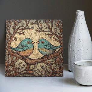 Bird Love Vintage Muted Blue Art Nouveau Tile