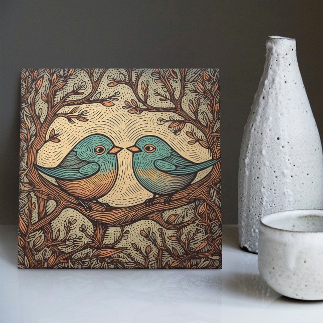 Bird Love Vintage Muted Blue Art Nouveau Tile (Creator Uploaded)