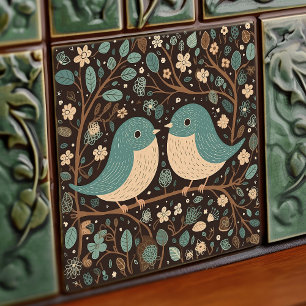 Bird Love Vintage Muted Brown Blue Art Nouveau Tile