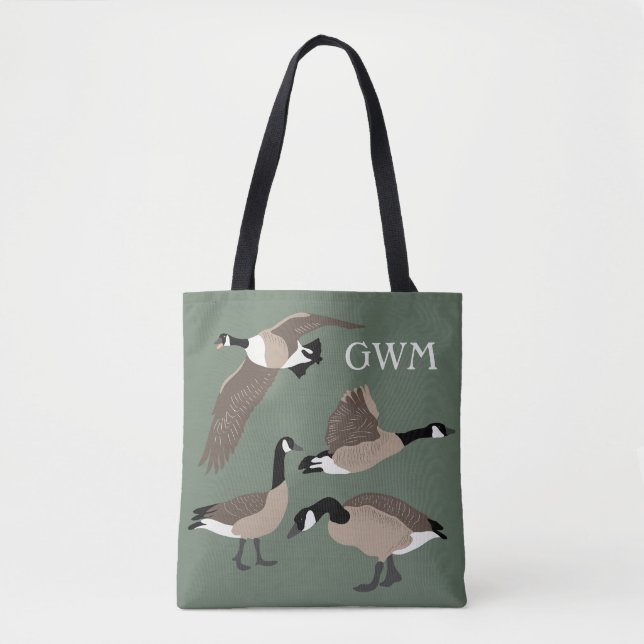 Bird Lovers Canada Geese Illustration Monogrammed Tote Bag (Front)