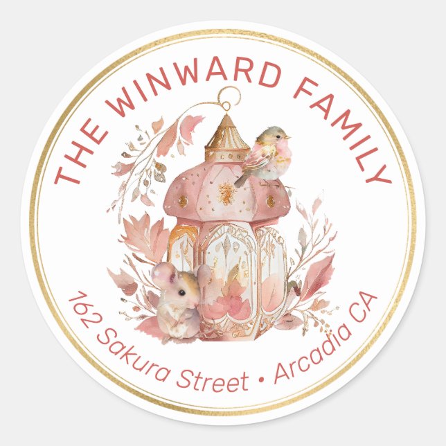 Bird, Mouse, and Boho Floral Lantern Classic Round Sticker (Front)