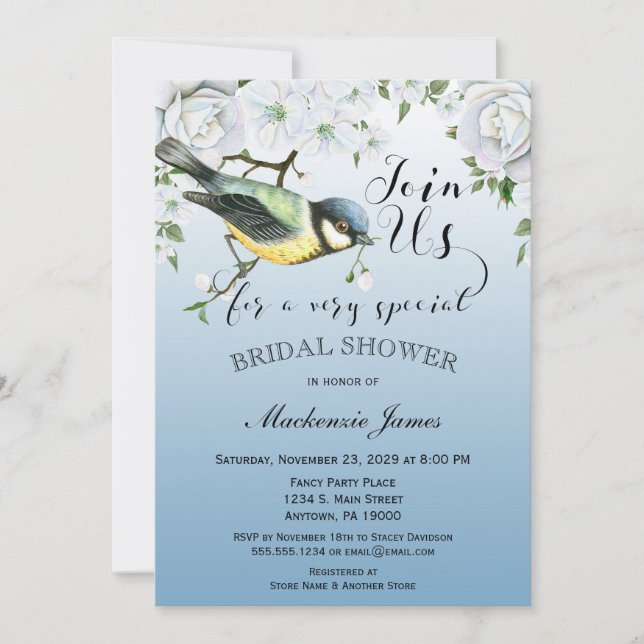 Bird Nature Bridal Shower Invitation Blue Floral (Front)